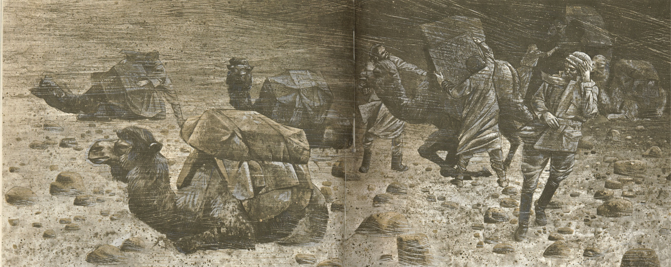 hedins expedition under en sandstorm langt inne i takla makanoknen i april 1894